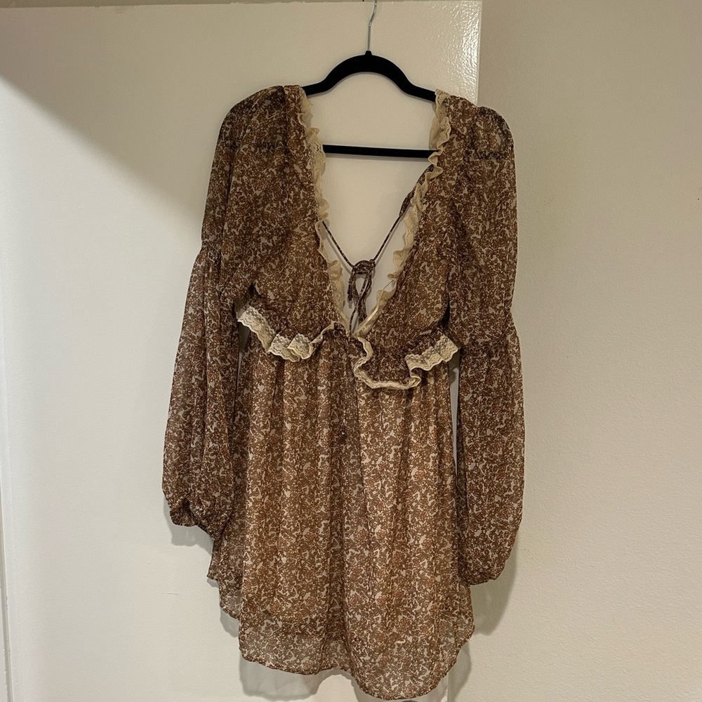 Free people long sleeve floral boho dress with lace details